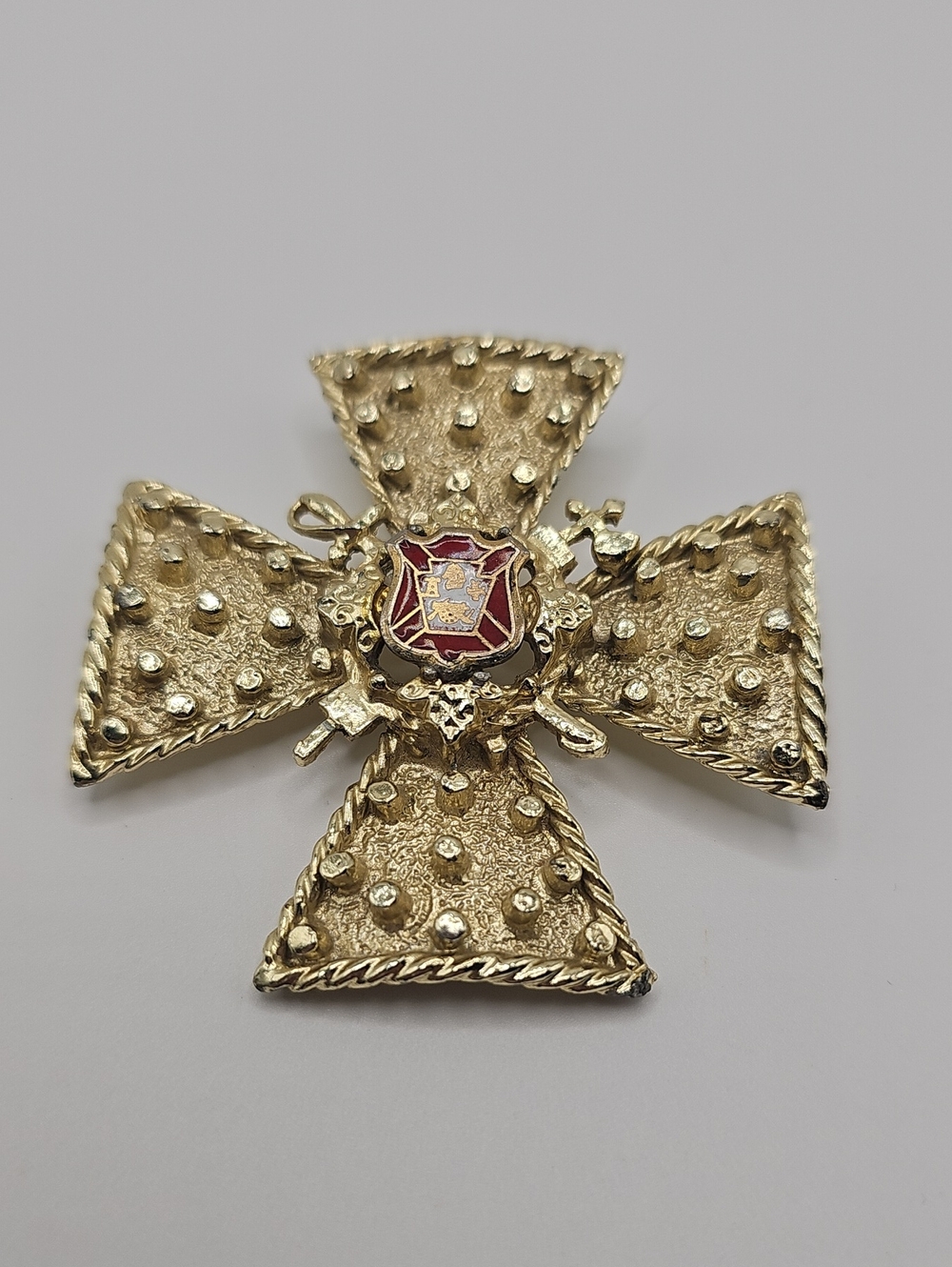 Large Gold-Tone Maltese Cross Brooch with Red Enamel Crest - Women Jewelry